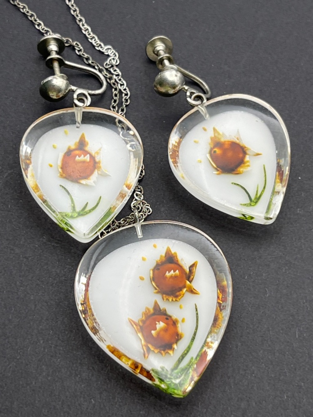 Vintage lucite earrings and necklace set with sweet little fishes teardrop shape